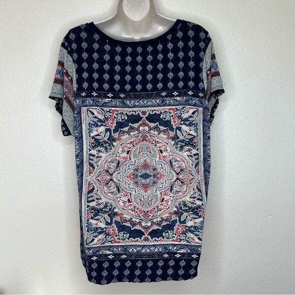 Lucky Brand Cotton Modal Short Sleeve Boho Navy Blue Medallion T Shirt Women 1X - Picture 6 of 14